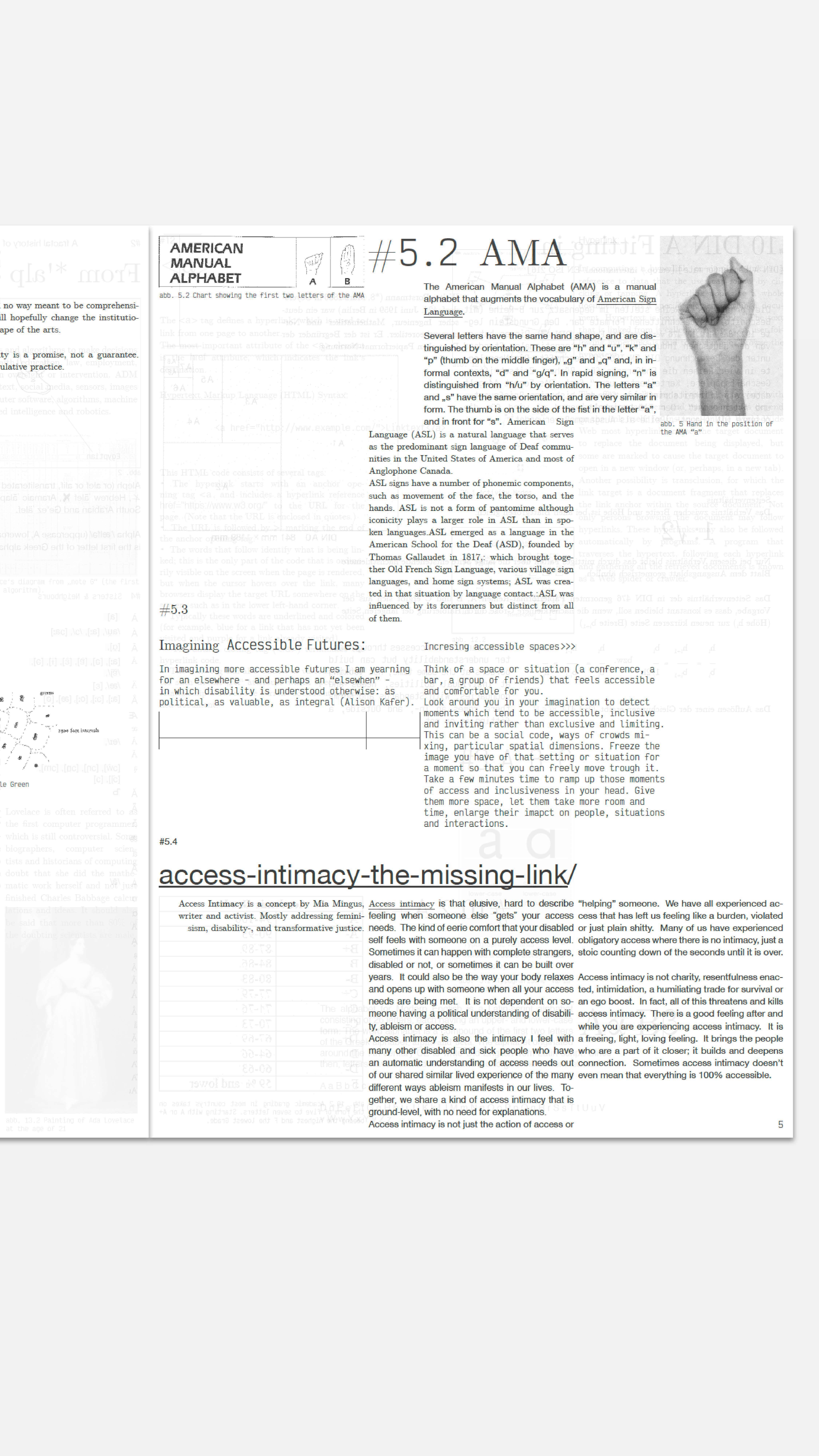 An open publication, one and a half pages visible, black letters on white copy paper and black and white bitmapped images.