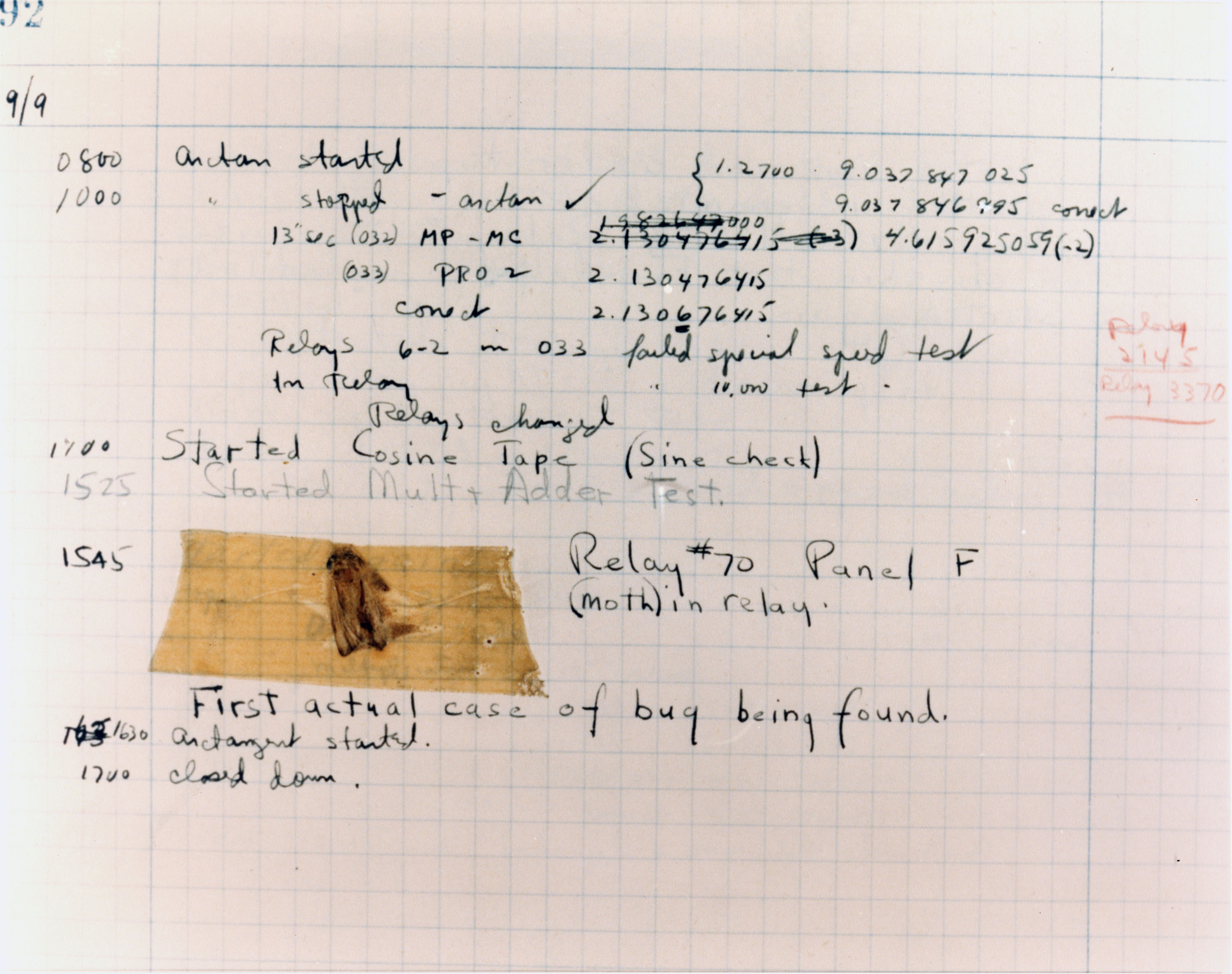 Page of Grace Hoppers Logbook, a moth is taped onto it next to some handwritten notes.