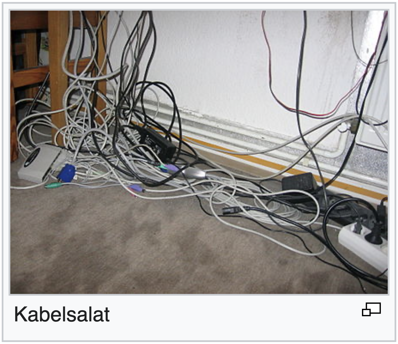 Screenshot showing a lot of unsorted cables, with a subtitle that says Kabelsalat.