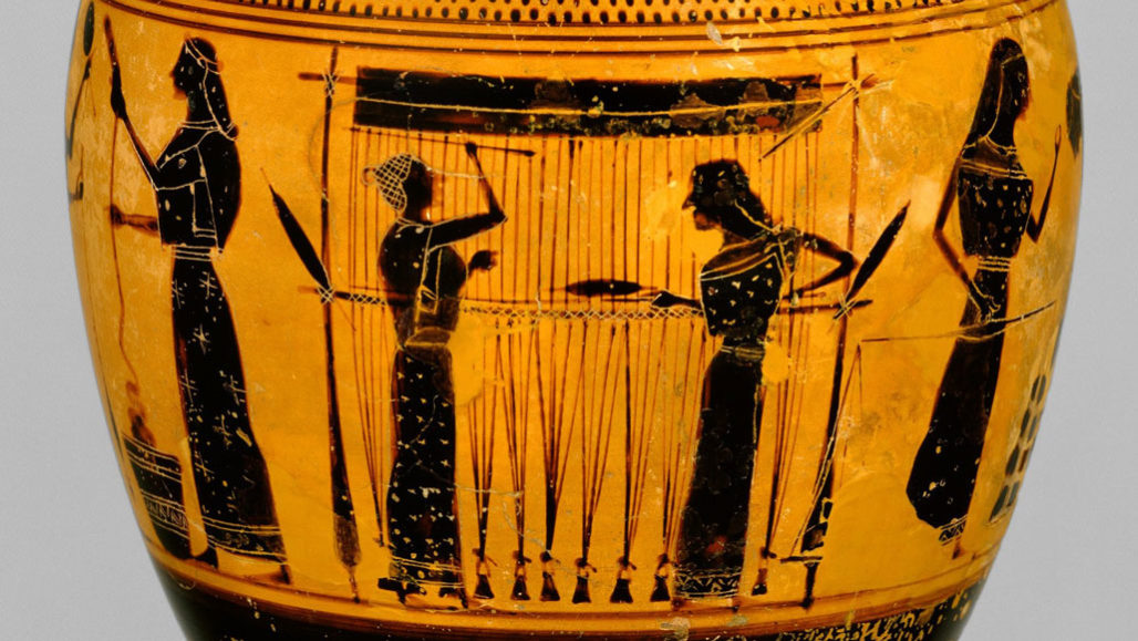 Ancient Greek Vase with a Print showing Women and looms.